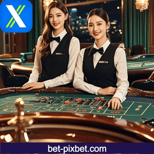 Imagem mostrando o cassino ao vivo da PIXBET com dealers reais conduzindo jogos de mesa